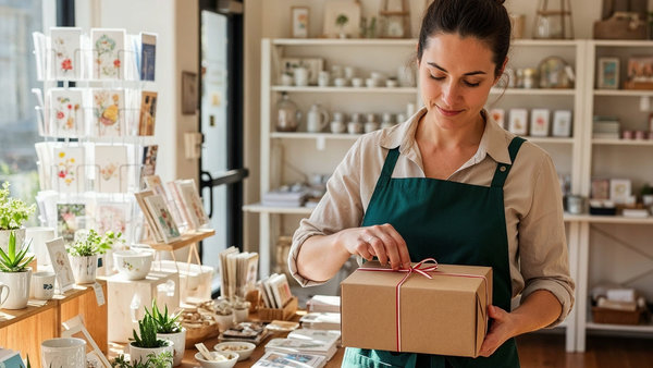 A woman in a small shop holds a neatly wrapped box