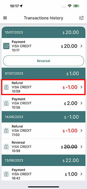 In the Transactions list, the refunded transaction would be shown in red
